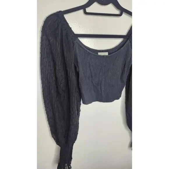 Urban Outfitters Top Womens Small Puff Long Sleeve Sheer Mesh Cropped Shirt - Picture 2 of 6